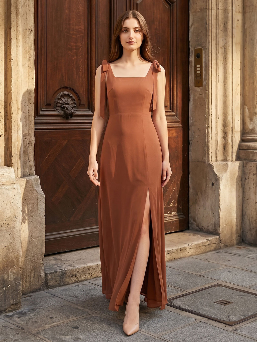 Terracotta Chiffon A-Line Square Neck Backless Floor-Length Bridesmaid Dress with Bow