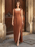 Terracotta Chiffon A-Line Square Neck Backless Floor-Length Bridesmaid Dress with Bow