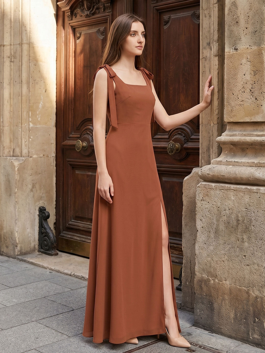 Terracotta Chiffon A-Line Square Neck Backless Floor-Length Bridesmaid Dress with Bow