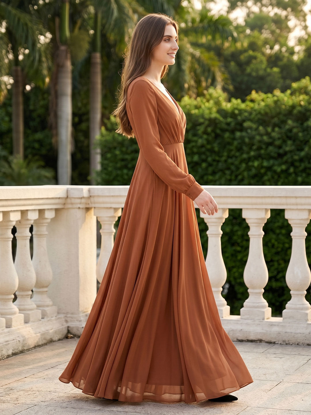 Terracotta Chiffon A-Line V-Neck Back Zip Floor-Length Pleated Bridesmaid Dress