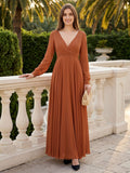 Terracotta Chiffon A-Line V-Neck Back Zip Floor-Length Pleated Bridesmaid Dress