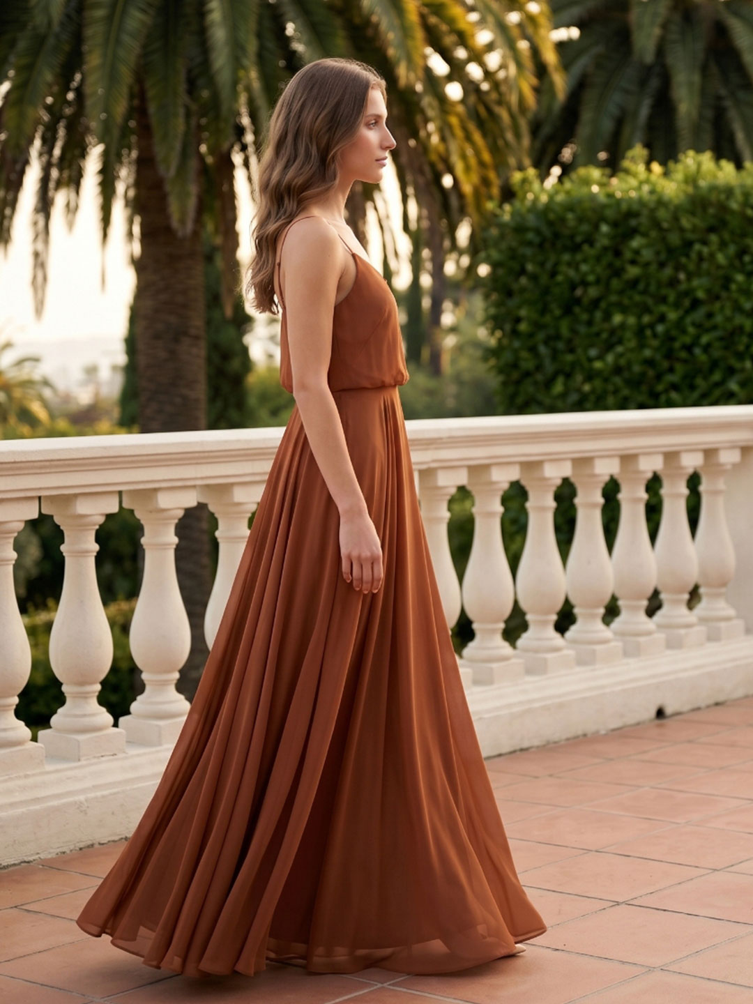 Terracotta Chiffon A-Line V-Neck Backless Floor-Length Bridesmaid Dress
