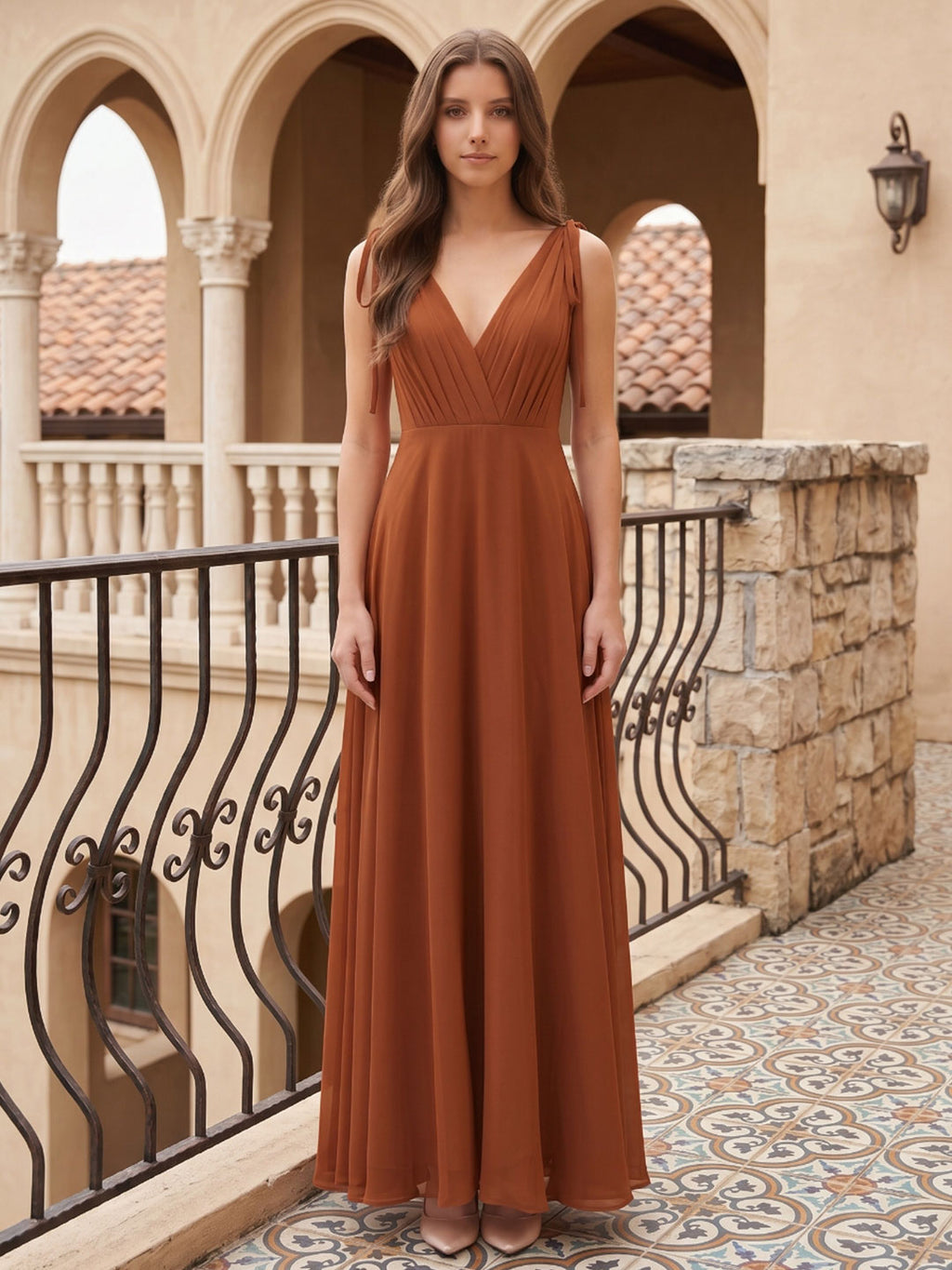 Terracotta Chiffon A-Line V-Neck Backless Floor-Length Bridesmaid Dress with Bow