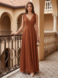 Terracotta Chiffon A-Line V-Neck Backless Floor-Length Bridesmaid Dress with Bow