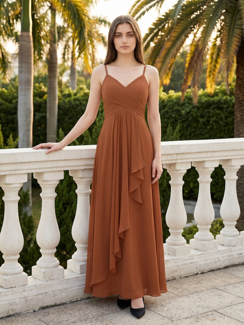 Terracotta Chiffon A-Line V-Neck Backless Floor-Length Pleated Bridesmaid Dress