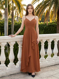 Terracotta Chiffon A-Line V-Neck Backless Floor-Length Pleated Bridesmaid Dress
