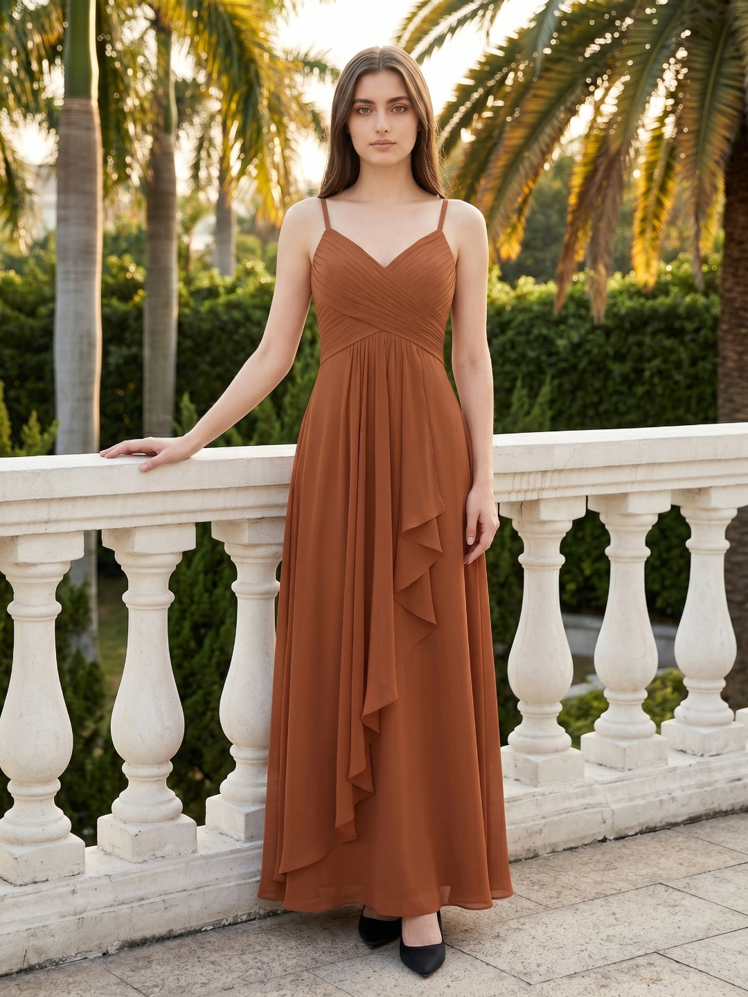 Terracotta Chiffon A-Line V-Neck Backless Floor-Length Pleated Bridesmaid Dress
