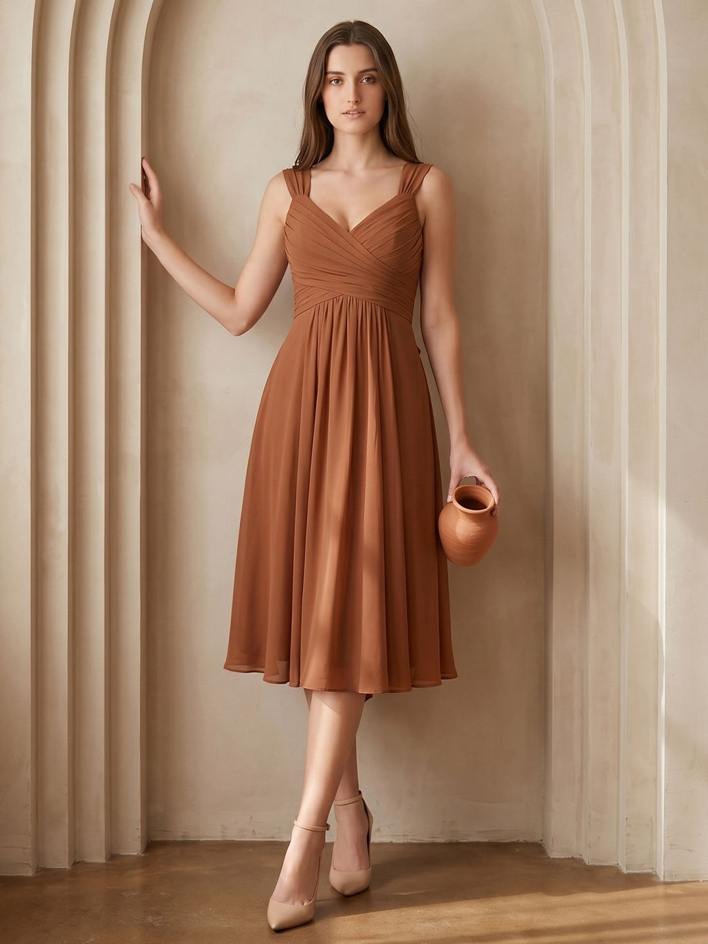 Terracotta Chiffon A-Line V-Neck Backless Knee-Length Bridesmaid Dress with Bow