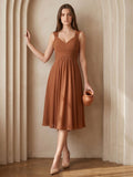 Terracotta Chiffon A-Line V-Neck Backless Knee-Length Bridesmaid Dress with Bow