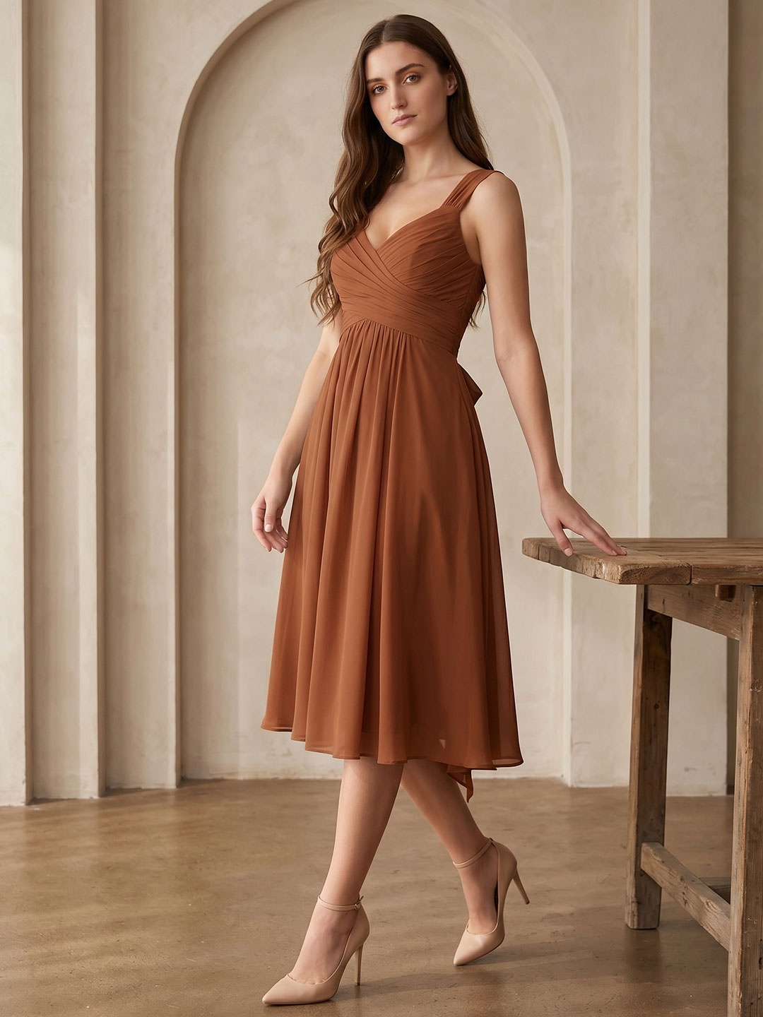 Terracotta Chiffon A-Line V-Neck Backless Knee-Length Bridesmaid Dress with Bow