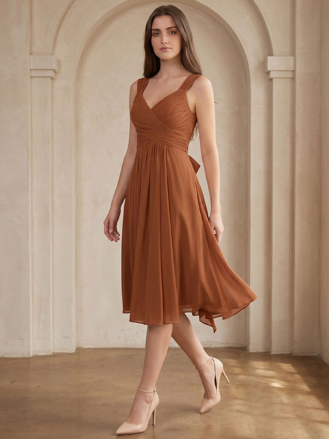 Terracotta Chiffon A-Line V-Neck Backless Knee-Length Bridesmaid Dress with Bow