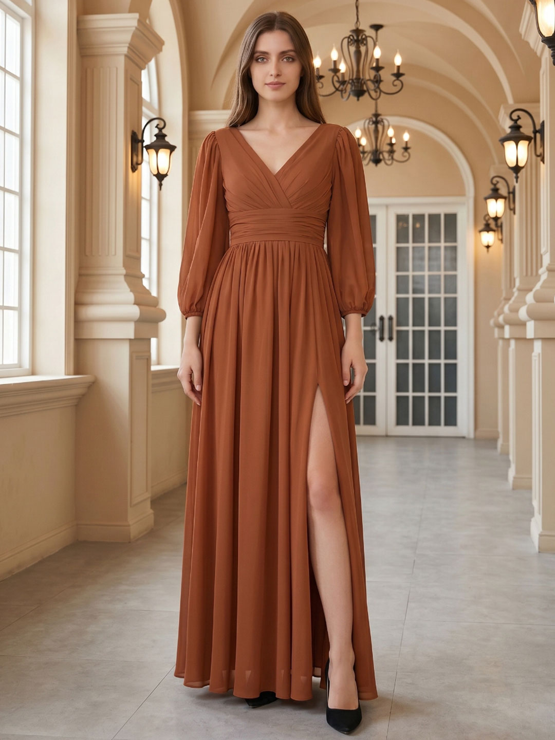 Terracotta Chiffon A-Line V-Neck V-Back Ankle-Length Pleated Bridesmaid Dress