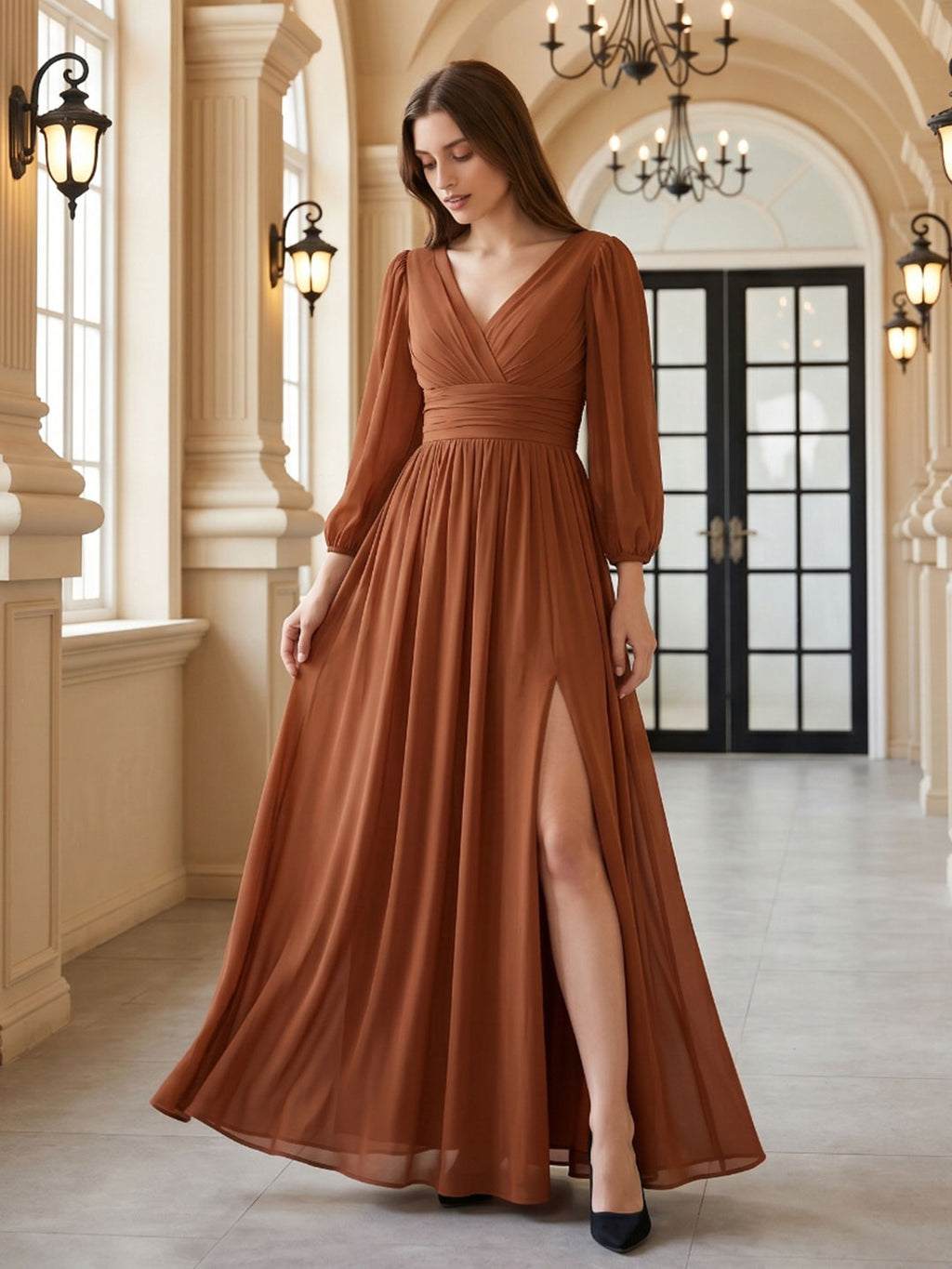 Terracotta Chiffon A-Line V-Neck V-Back Ankle-Length Pleated Bridesmaid Dress