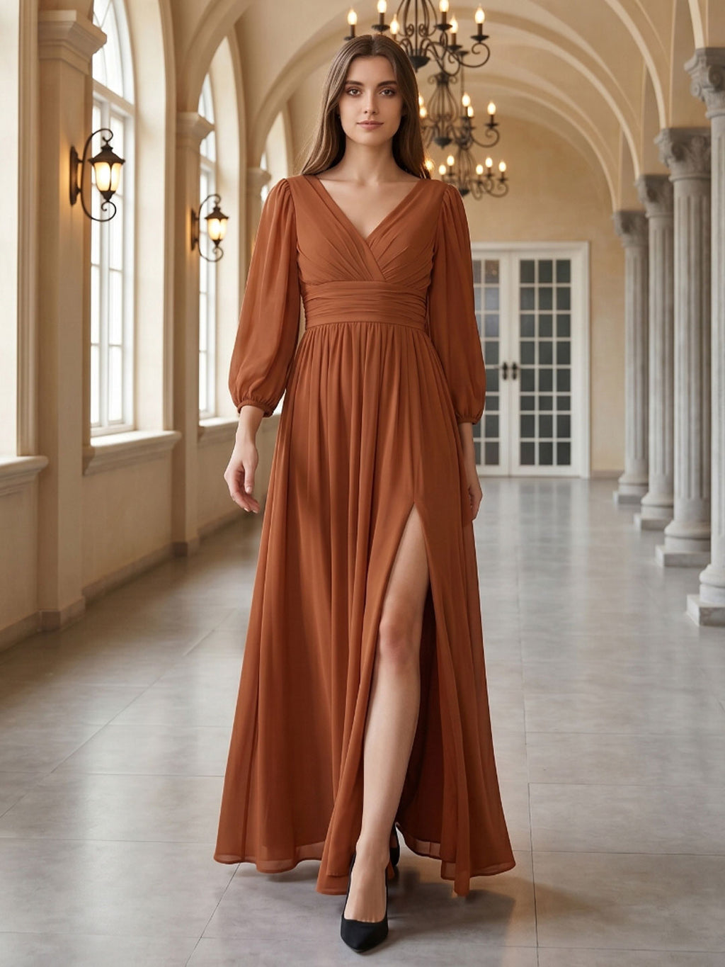 Terracotta Chiffon A-Line V-Neck V-Back Ankle-Length Pleated Bridesmaid Dress