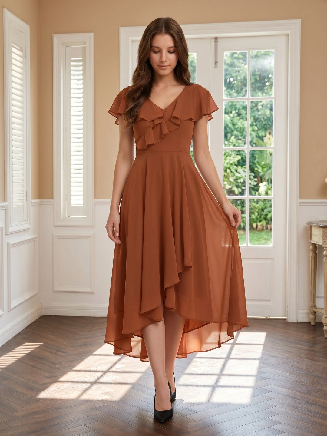 Terracotta Chiffon A-Line V-Neck V-Back Asymmetrical Ruffle Bridesmaid Dress