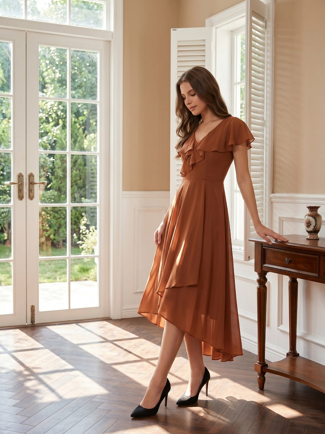 Terracotta Chiffon A-Line V-Neck V-Back Asymmetrical Ruffle Bridesmaid Dress