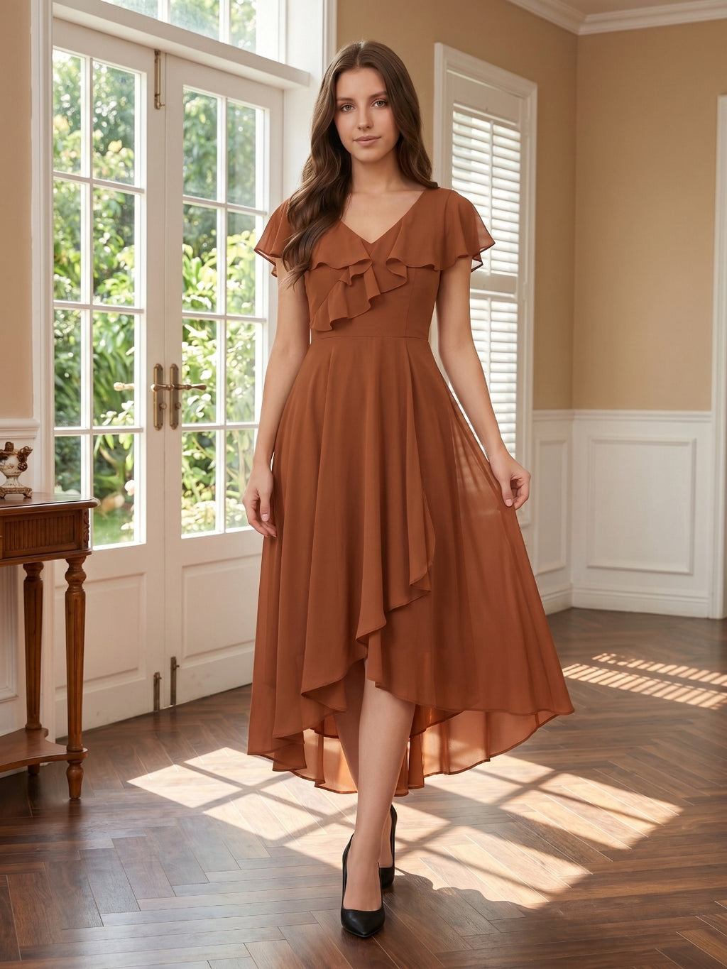 Terracotta Chiffon A-Line V-Neck V-Back Asymmetrical Ruffle Bridesmaid Dress