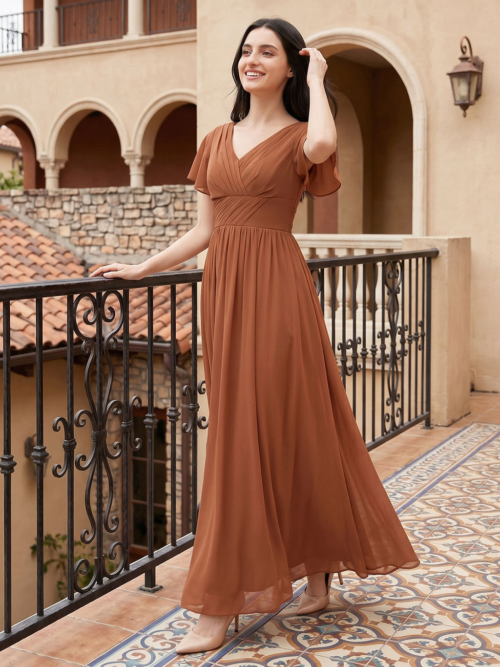 Terracotta Chiffon A-Line V-Neck V-Back Floor-Length Pleated Bridesmaid Dress