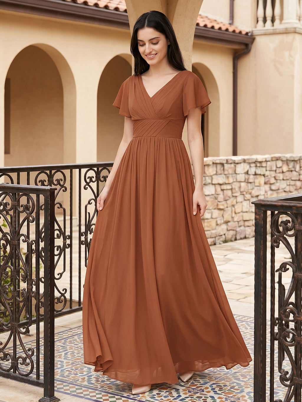 Terracotta Chiffon A-Line V-Neck V-Back Floor-Length Pleated Bridesmaid Dress