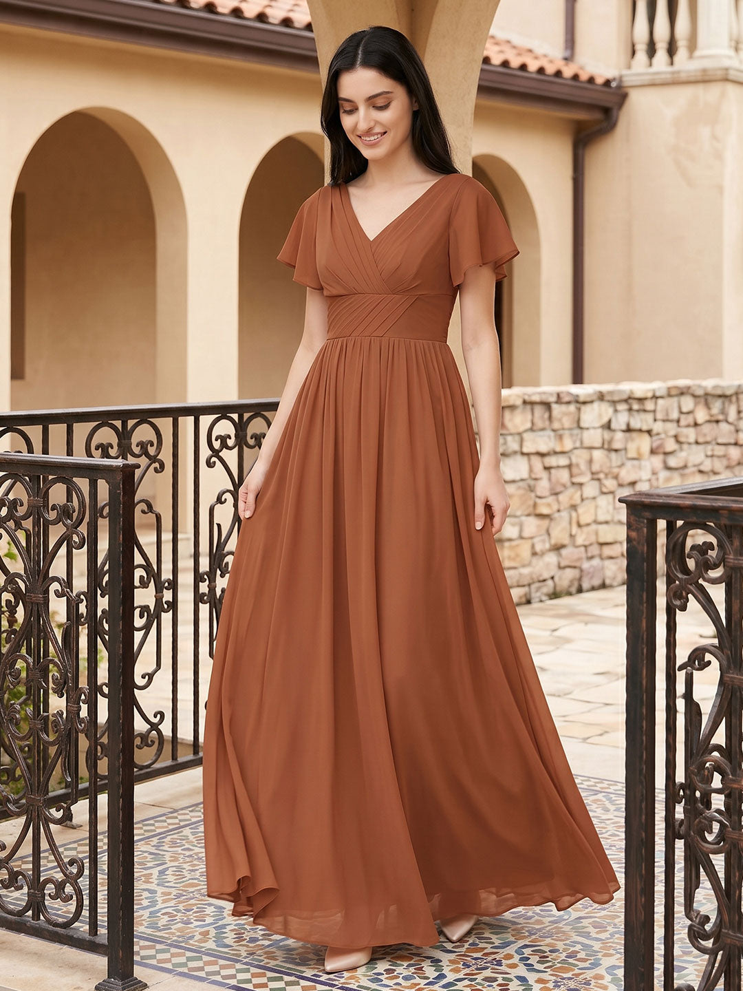 Terracotta Chiffon A-Line V-Neck V-Back Floor-Length Pleated Bridesmaid Dress