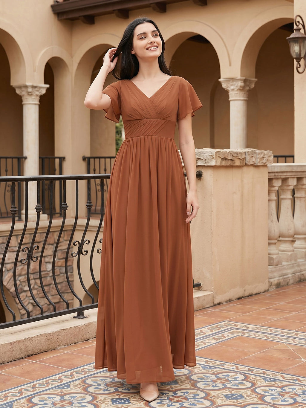 Terracotta Chiffon A-Line V-Neck V-Back Floor-Length Pleated Bridesmaid Dress