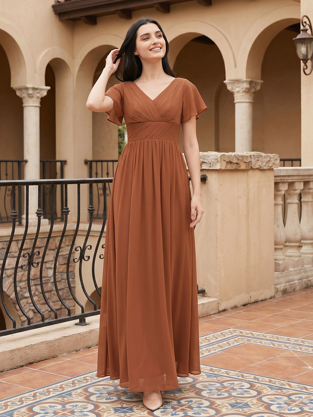 Terracotta Chiffon A-Line V-Neck V-Back Floor-Length Pleated Bridesmaid Dress