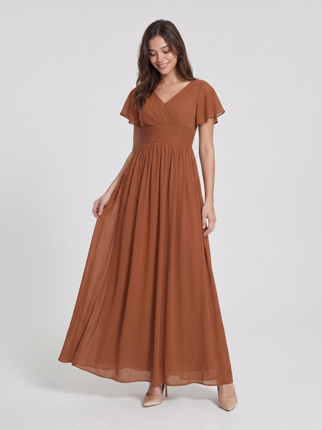 Terracotta Chiffon A-Line V-Neck V-Back Floor-Length Pleated Bridesmaid Dress