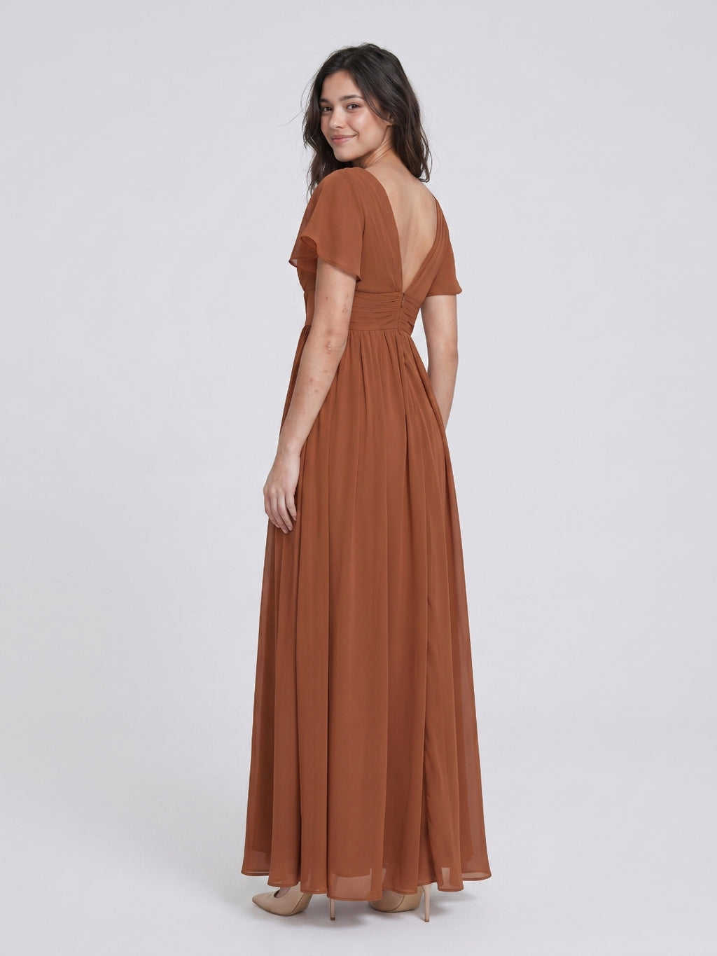 Terracotta Chiffon A-Line V-Neck V-Back Floor-Length Pleated Bridesmaid Dress