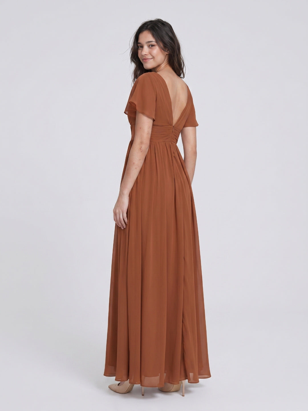 Terracotta Chiffon A-Line V-Neck V-Back Floor-Length Pleated Bridesmaid Dress