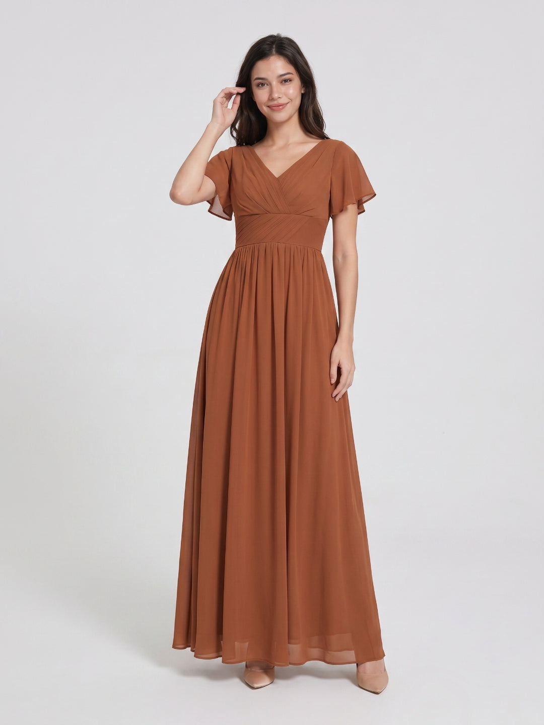 Terracotta Chiffon A-Line V-Neck V-Back Floor-Length Pleated Bridesmaid Dress