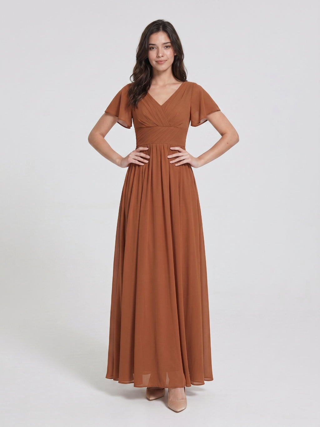 Terracotta Chiffon A-Line V-Neck V-Back Floor-Length Pleated Bridesmaid Dress