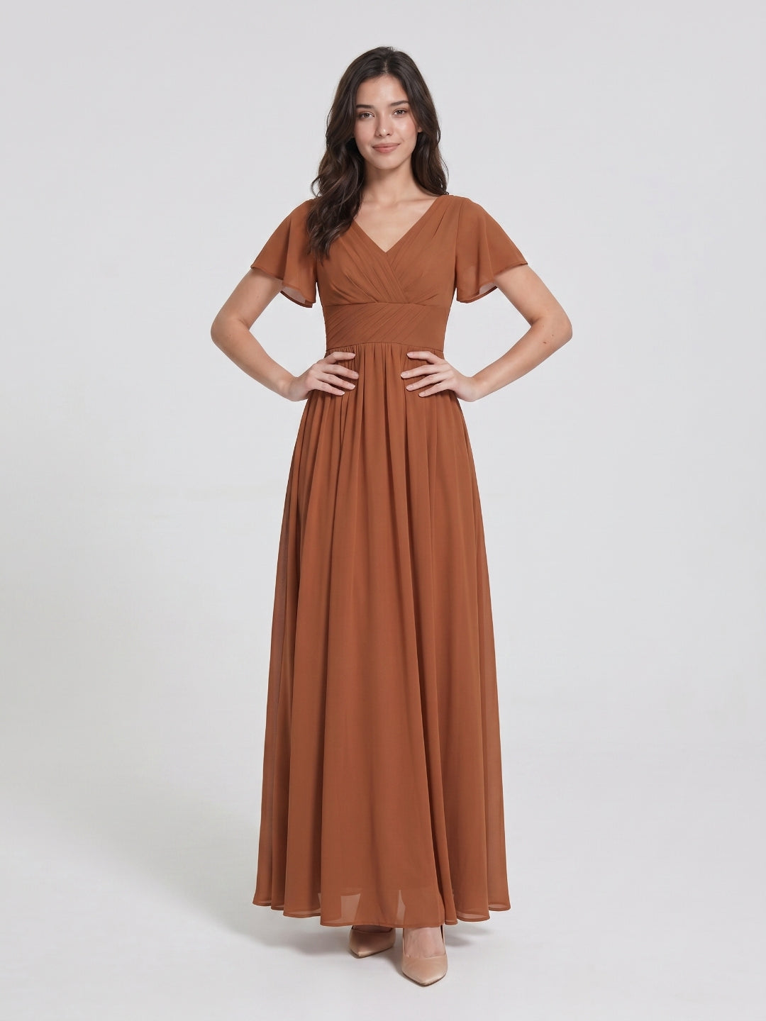 Terracotta Chiffon A-Line V-Neck V-Back Floor-Length Pleated Bridesmaid Dress