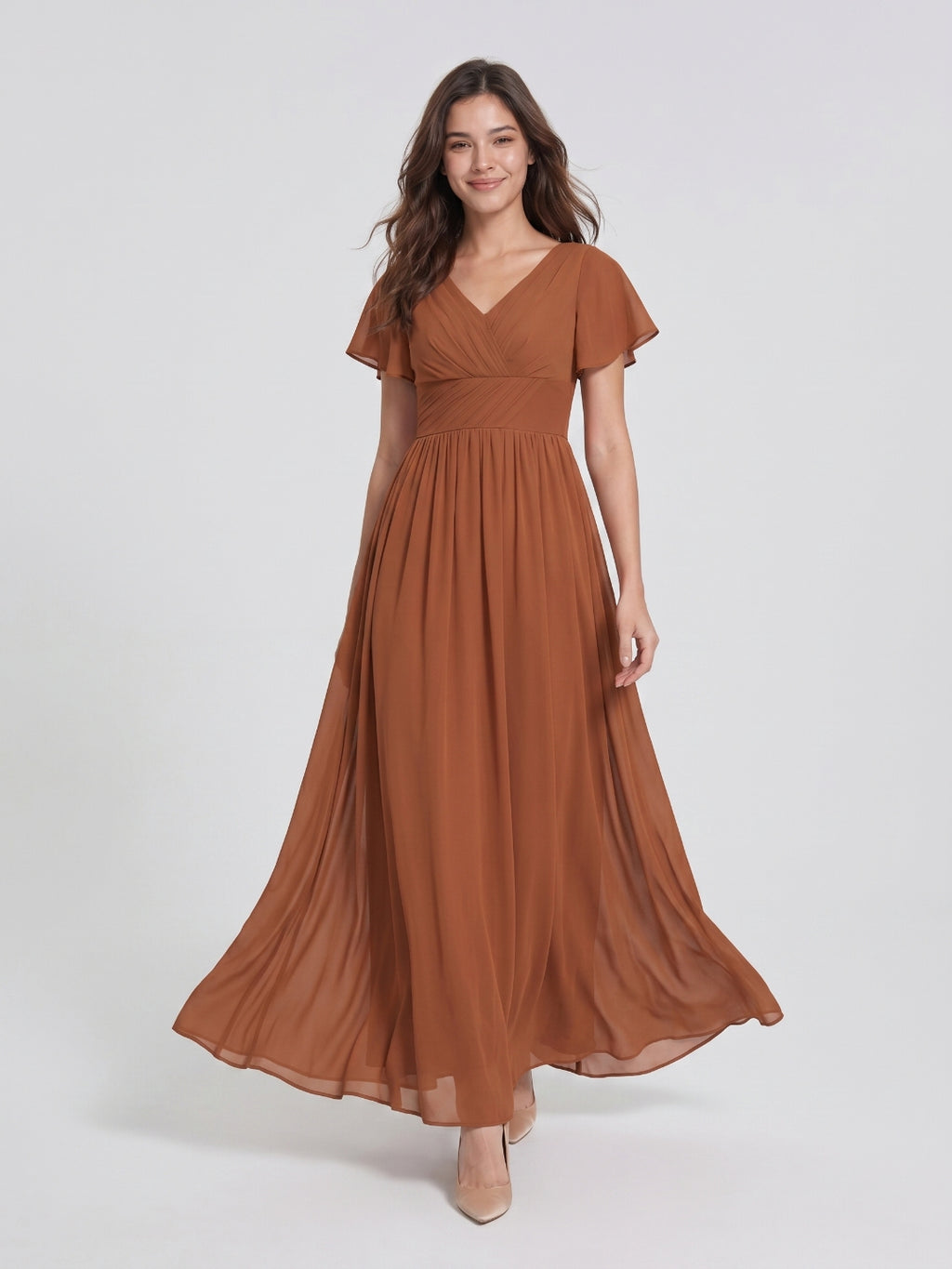 Terracotta Chiffon A-Line V-Neck V-Back Floor-Length Pleated Bridesmaid Dress