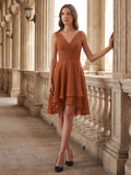 Terracotta Chiffon A-Line V-Neck V-Back Knee-Length Pleated Bridesmaid Dress