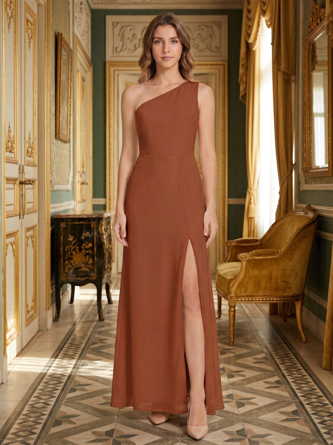 Terracotta Chiffon Column One Shoulder Side Zip Ankle-Length Bridesmaid Dress