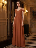 Terracotta Chiffon Empire Off-the-Shoulder V-Back Floor-Length Pleated Bridesmaid Dress