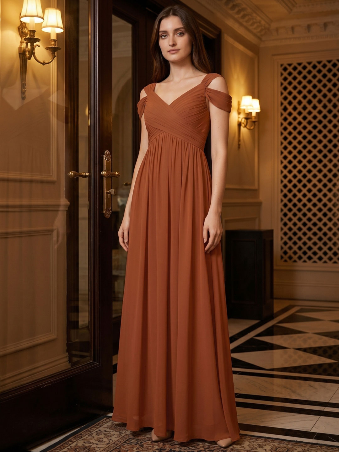 Terracotta Chiffon Empire Off-the-Shoulder V-Back Floor-Length Pleated Bridesmaid Dress