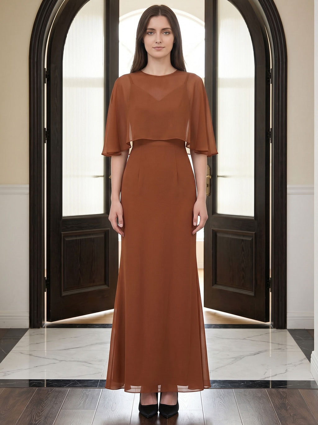 Terracotta Chiffon Mermaid Sweetheart Back Zip Floor-Length Bridesmaid Dress with Cape