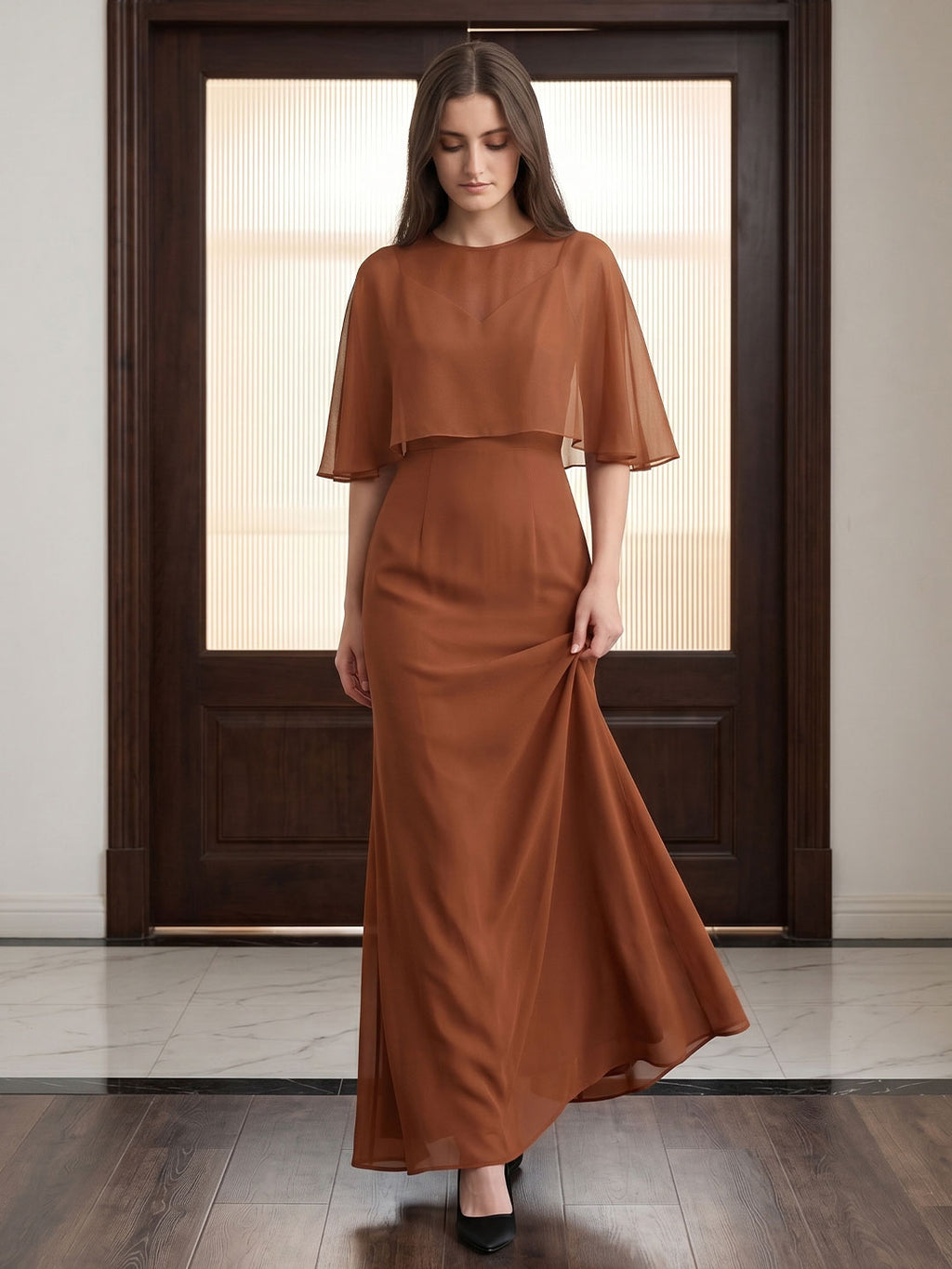 Terracotta Chiffon Mermaid Sweetheart Back Zip Floor-Length Bridesmaid Dress with Cape