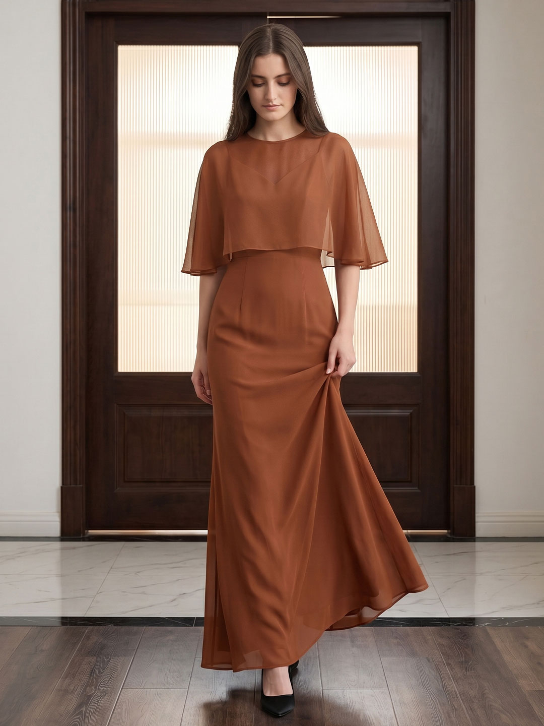 Terracotta Chiffon Mermaid Sweetheart Back Zip Floor-Length Bridesmaid Dress with Cape
