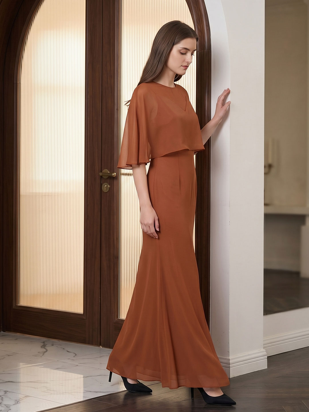 Terracotta Chiffon Mermaid Sweetheart Back Zip Floor-Length Bridesmaid Dress with Cape