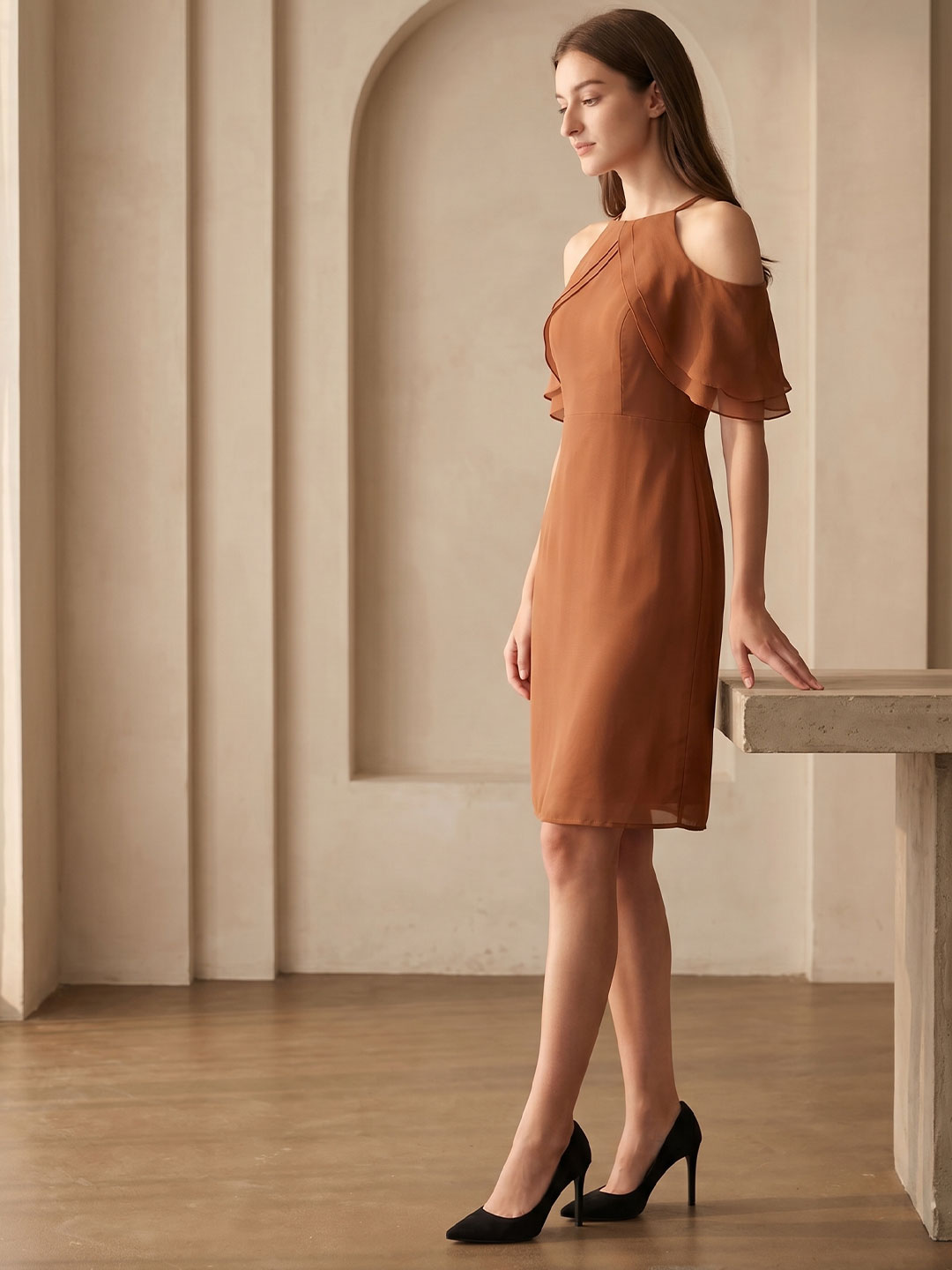 Terracotta Chiffon Sheath Off-the-Shoulder Back Zip Knee-Length Ruffle Bridesmaid Dress