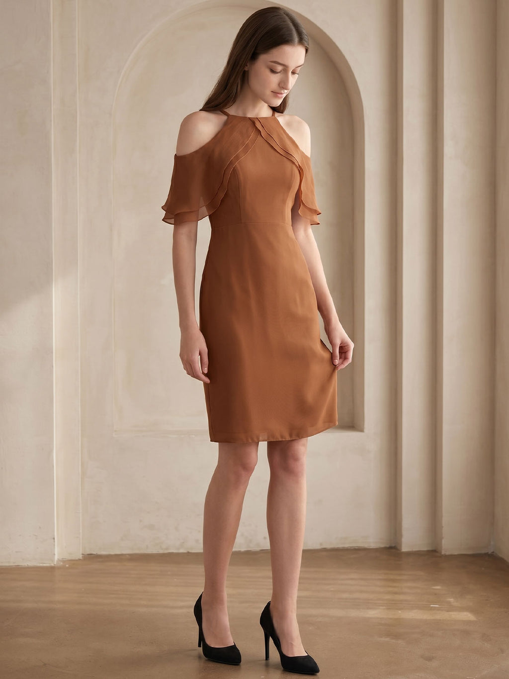 Terracotta Chiffon Sheath Off-the-Shoulder Back Zip Knee-Length Ruffle Bridesmaid Dress