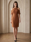 Terracotta Chiffon Sheath Off-the-Shoulder Back Zip Knee-Length Ruffle Bridesmaid Dress