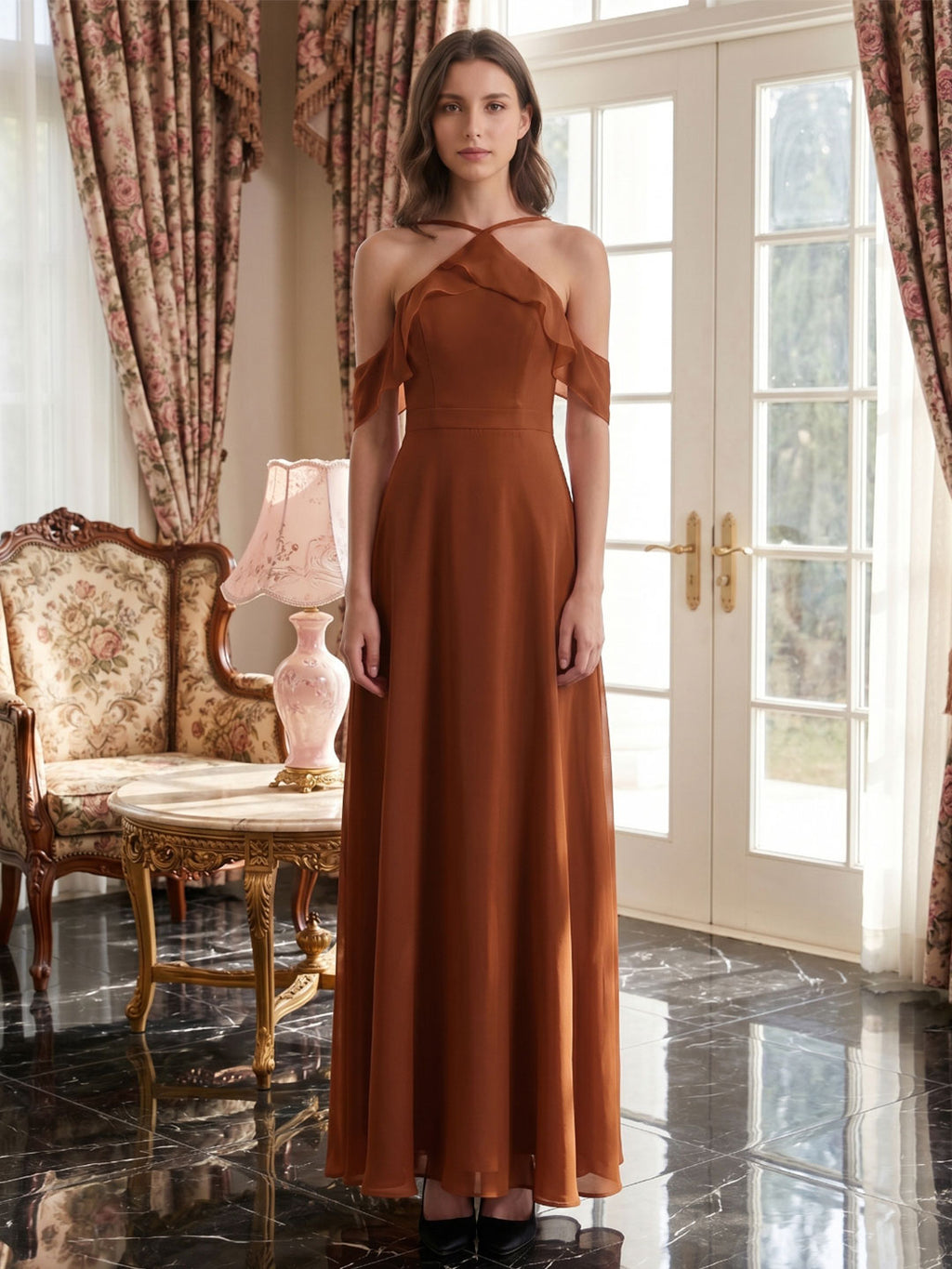 Terracotta Chiffon Sheath Off-the-Shoulder Backless Floor-Length Ruffle Dress