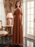 Terracotta Chiffon Sheath Off-the-Shoulder Backless Floor-Length Ruffle Dress