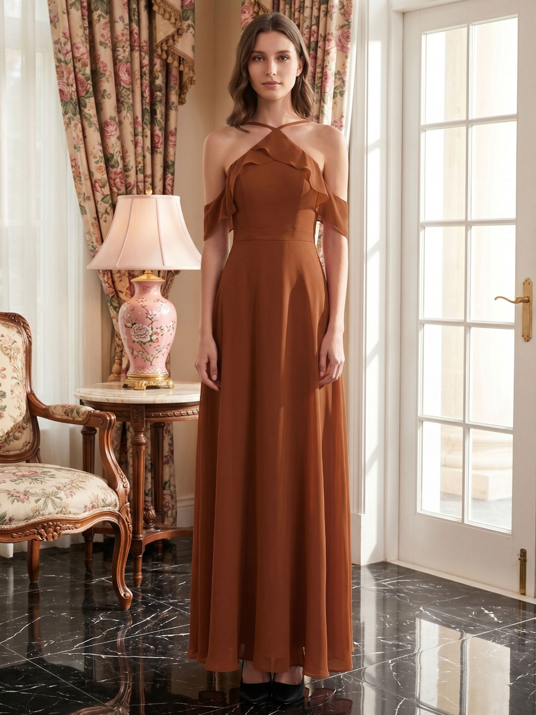 Terracotta Chiffon Sheath Off-the-Shoulder Backless Floor-Length Ruffle Dress