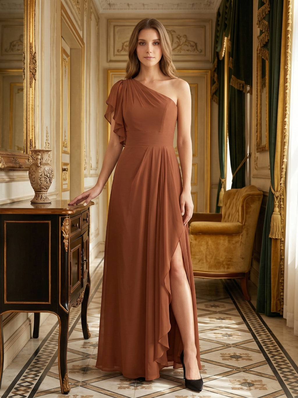 Terracotta Chiffon Sheath One Shoulder Back Zip Floor-Length Ruffle Bridesmaid Dress