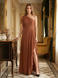 Terracotta Chiffon Sheath One Shoulder Back Zip Floor-Length Ruffle Bridesmaid Dress