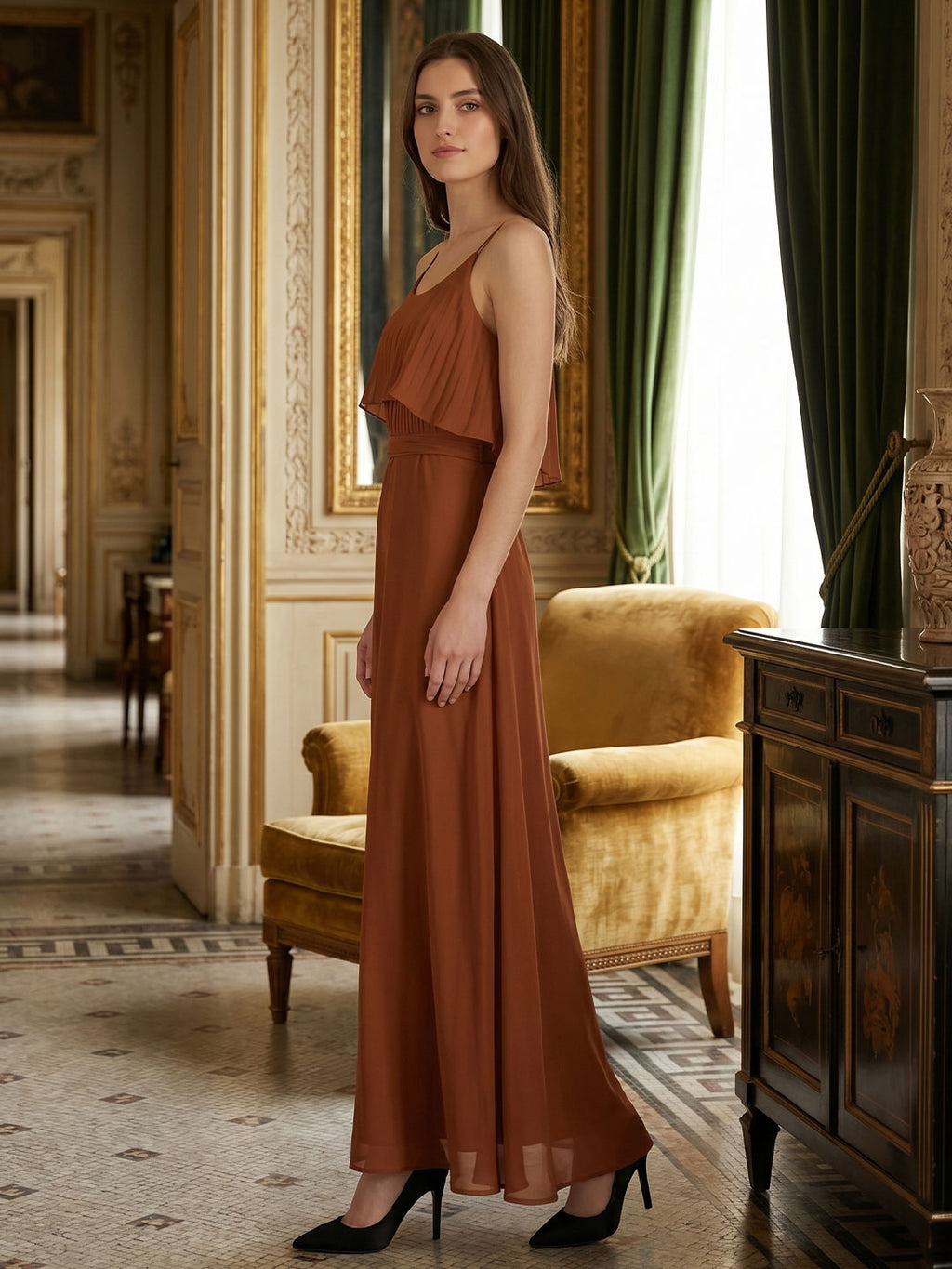 Terracotta Chiffon Sheath Scoop Neck Backless Floor-Length Bridesmaid Dress with Bow